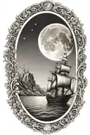 ship sailing towards bright shining full moon with cliffs and oak tree  tattoo design idea