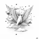 Quote surrounded by clouds and stars with a dove at the top tattoo design idea