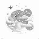Quote surrounded by clouds and stars with a dove at the top tattoo design idea