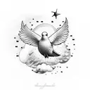 Quote surrounded by clouds and stars with a dove at the top tattoo design idea