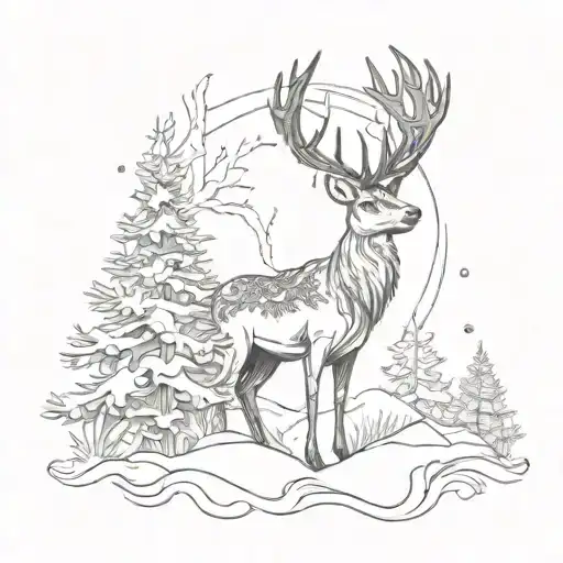 pine trees with snow, a stag with a crown of fire and 12 flowers at the bottom tattoo design idea