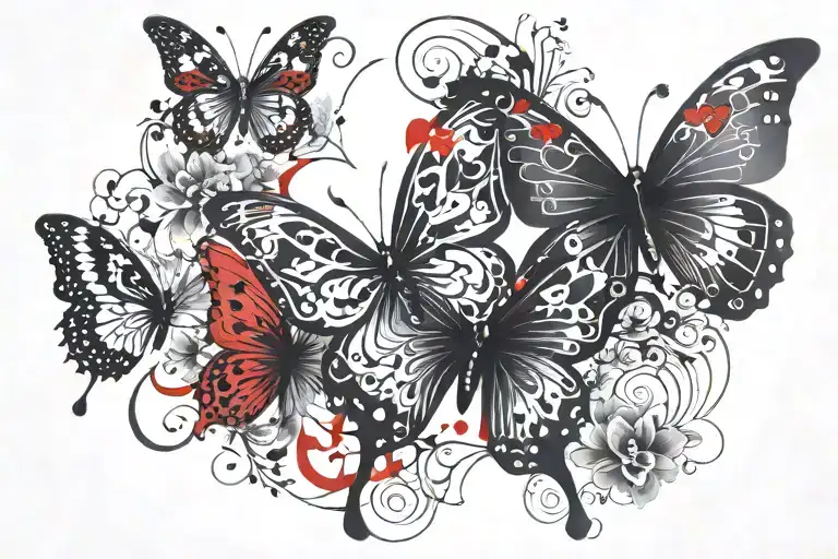 A black and red abstract design incorporating elements of butterflies and flowers. Quote: "It is time to be yourself"  tattoo design idea