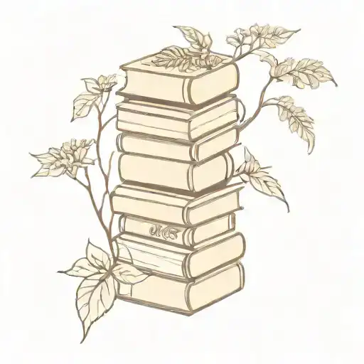 A stack of books with intricate botanical illustrations growing out of them, representing the knowledge and wisdom of a druid herbalist tattoo design idea