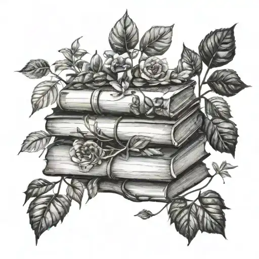 A stack of books with intricate botanical illustrations growing out of them, representing the knowledge and wisdom of a druid herbalist tattoo design idea