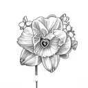 heart with iris, daffodil, daisy, lily, gladiolus, and narcissus  tattoo design idea