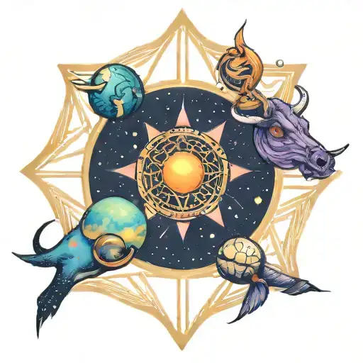 Taurus and Ashoka Chakra Planets Galaxy Universe tattoo design idea