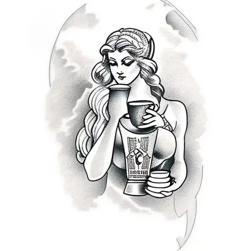 A Greek goddess holding a coffee mug in a nature setting tattoo design idea