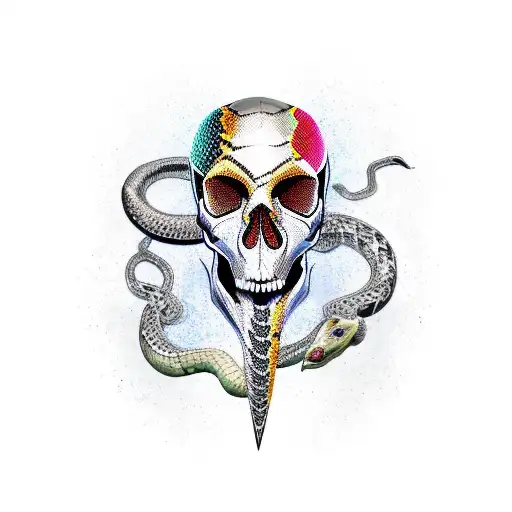 dagger through skull wrapped in snake  tattoo design idea