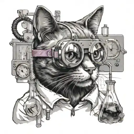 A realistic portrait of a cat wearing a lab coat and safety goggles, surrounded by medical lab equipment and Overwatch-inspired elements tattoo design idea