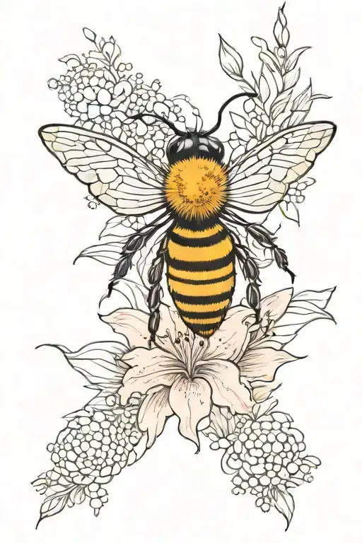 A bee surrounded by gladiolus and asters and vines and dots  tattoo design idea