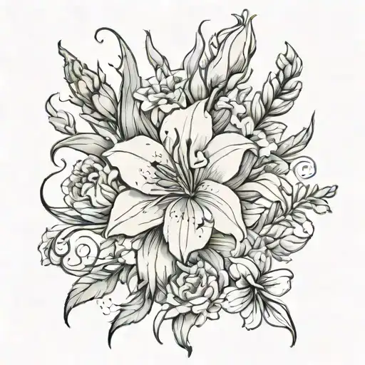 gladiolus and marigold and aster swirls tattoo design idea