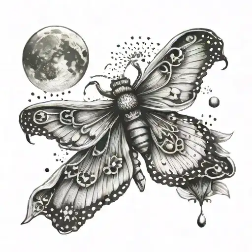 moth with Cresent moon. jewls and pearls hangung from moon. mushrooms and gothic  tattoo design idea