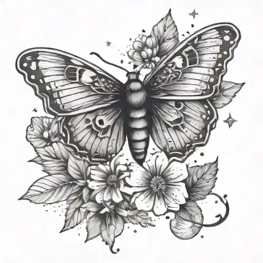 moth with a cresent moon ans jewls hanging and stars and flowers  tattoo design idea