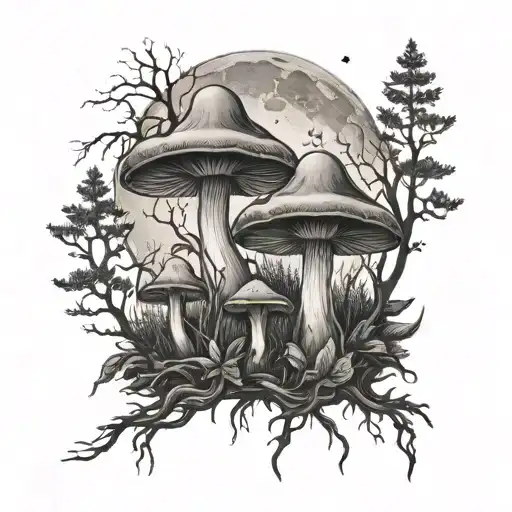 gothic mushrooms forest with a moon tattoo design idea
