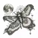 moth with Cresent moon. jewls and pearls hangung from moon. mushrooms and gothic  tattoo design idea