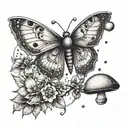 moth with Cresent moon. jewls and pearls hangung from moon. mushrooms and gothic  tattoo design idea