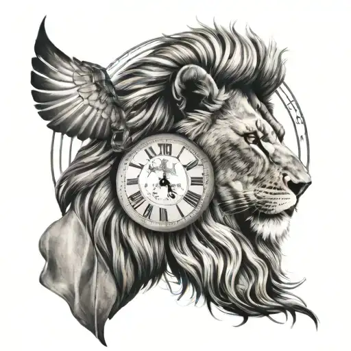 lion head profile holding, clock, sheet music tattoo design idea