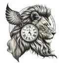 lion head profile holding, clock, sheet music tattoo design idea