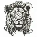 lion head profile holding, clock, sheet music tattoo design idea