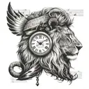 lion head profile holding, clock, sheet music tattoo design idea
