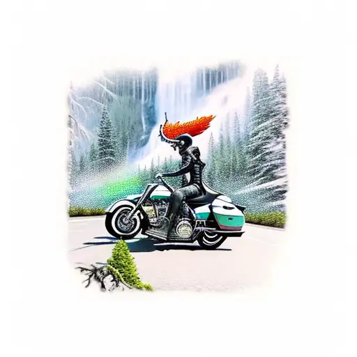 A detailed tattoo of a Harley Davidson motorcycle riding through a forest with a waterfall in the background tattoo design idea