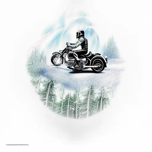 A detailed tattoo of a Harley Davidson motorcycle riding through a forest with a waterfall in the background tattoo design idea