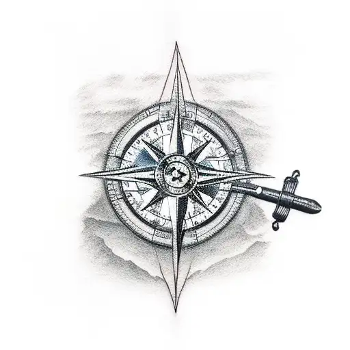 A tattoo design of a draftsmen's tools (compass, ruler, pencil) with a mountain range and waterfall in the background tattoo design idea
