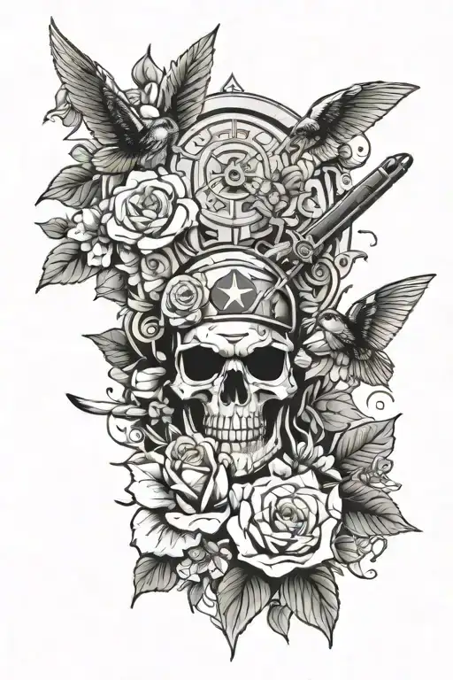 A neo-traditional tattoo design of a garden with military elements incorporated, symbolizing discipline and growth tattoo design idea