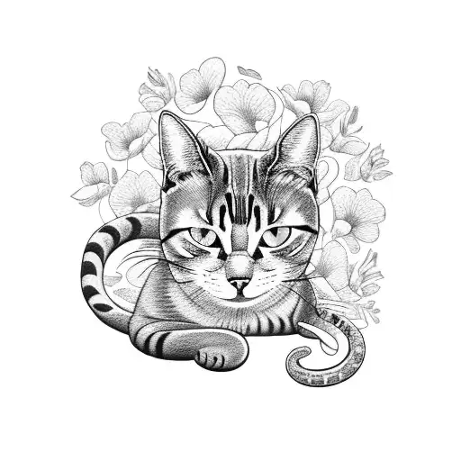 A cat sitting on a bed of flowers with a snake wrapped around its tail tattoo design idea