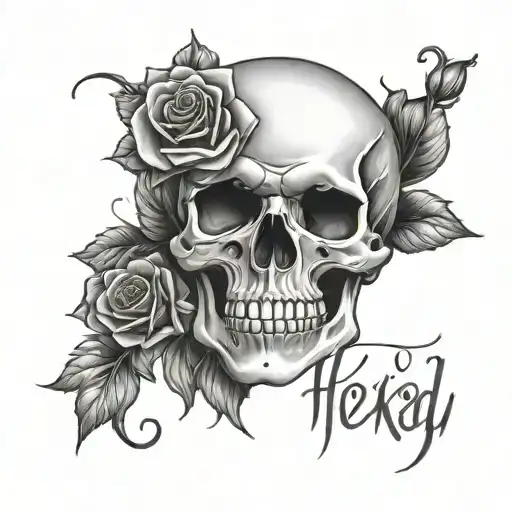 skull with roses the word 'Hexed' written in elegant cursive hand writing tattoo design idea