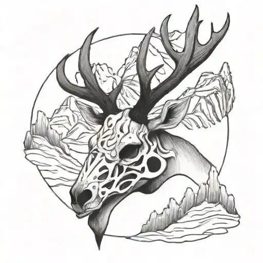 elk skull with mountains tattoo design idea