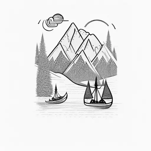 Mountain Scene with water and Viking boat tattoo design idea