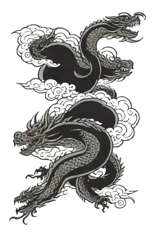 two dragons flying in harmony in the clouds   tattoo design idea