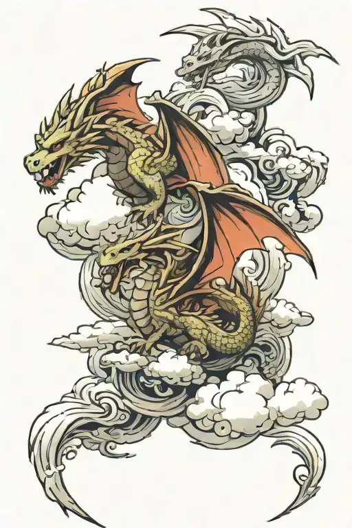 two dragons flying in the clouds tattoo design idea