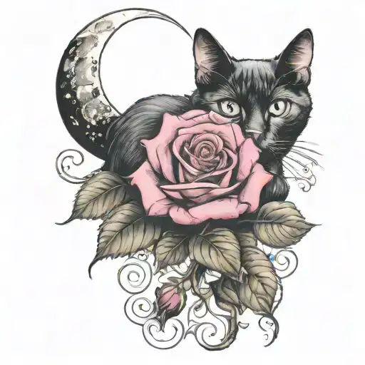 a rose with a cat and moon, goth design inspired tattoo design idea