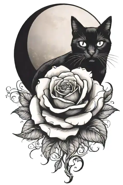 a rose with a cat and moon, goth design inspired tattoo design idea