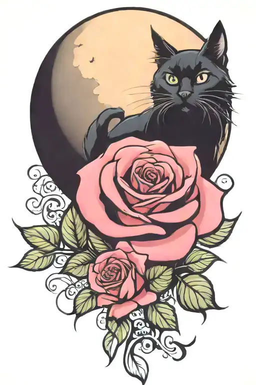 a rose with a cat and moon, goth design inspired tattoo design idea