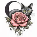 a rose with a cat and moon, goth design inspired tattoo design idea