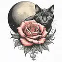 a rose with a cat and moon, goth design inspired tattoo design idea