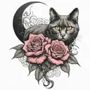 a rose with a cat and moon, goth design inspired tattoo design idea