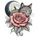 a rose with a cat and moon, goth design inspired tattoo design idea