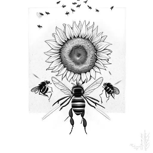 Sunflower in a broken light bulb with three bees on top tattoo design idea
