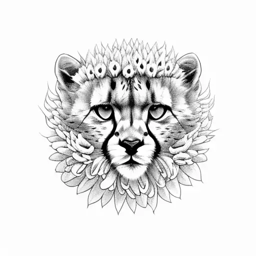 full body cheetah surrounded by chrysanthemum flowers tattoo design idea