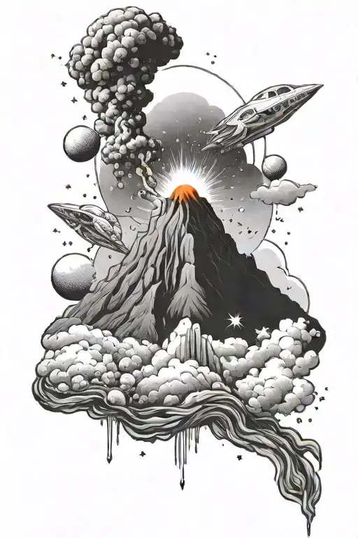 A minimalist black-grey tattoo of a volcano erupting with stars and planets in the background tattoo design idea