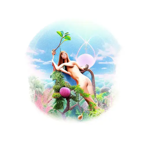 garden of Eden with Eve eating the apple and looks like an Instagram model tattoo design idea