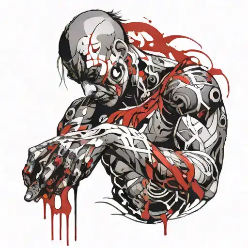 man peels off his own skin with his own hands, anime tattoo design idea