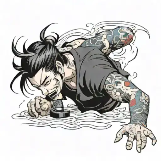man peels off his own skin with his own hands, anime tattoo design idea