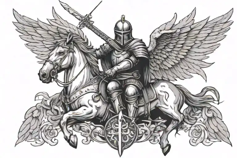 knight with a crown and halo over His head also crows between His sword tattoo design idea