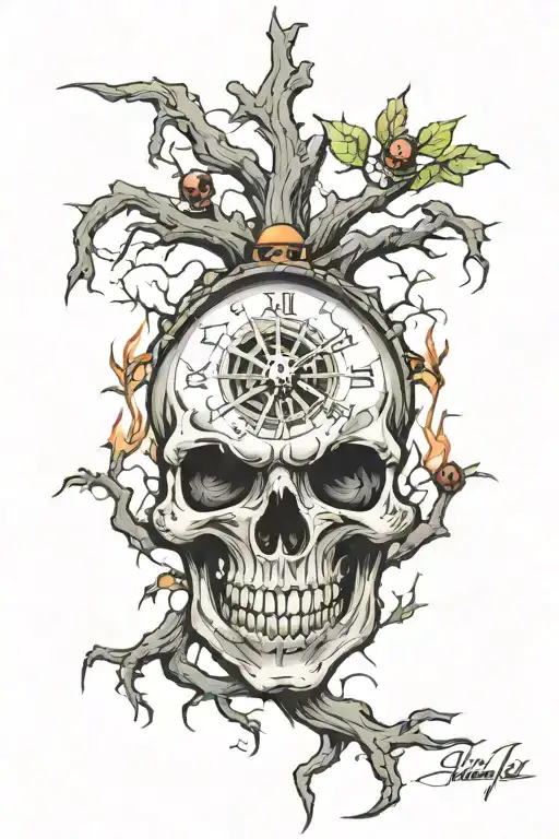 tree spider clock skull tattoo design idea