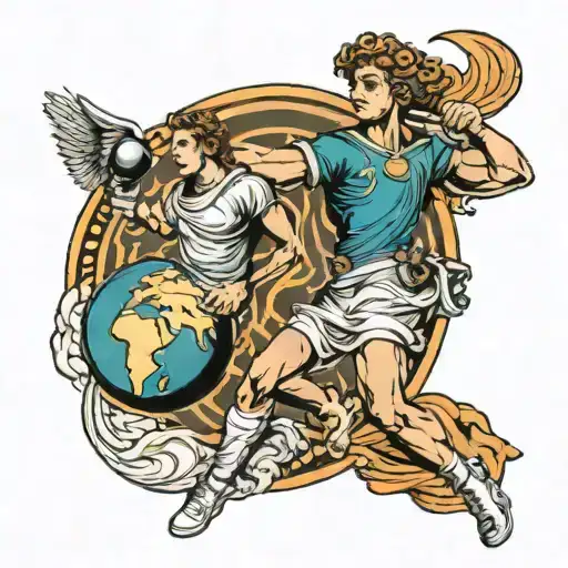 greek god apollo holding earth with astronaut floating in space above tattoo design idea